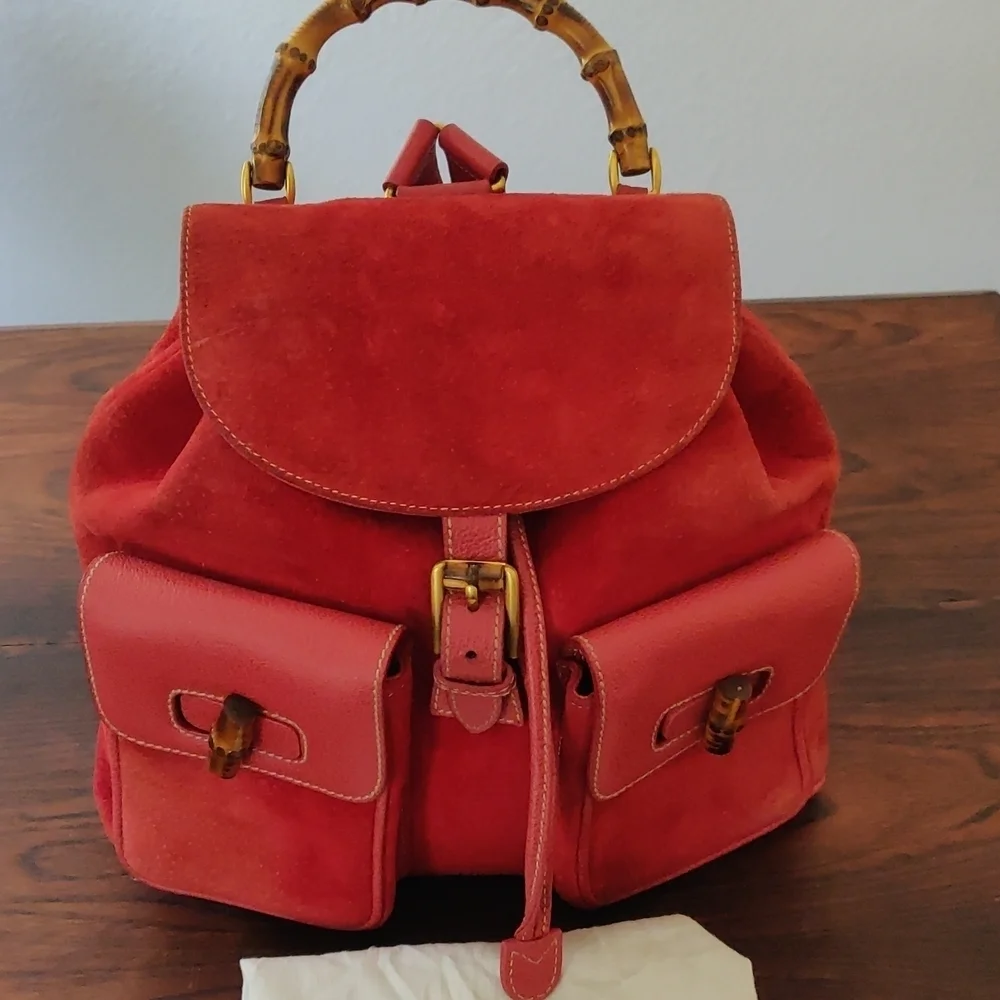 Red Suede Gucci Backpack Vintage Bamboo - Picture 4 of 17